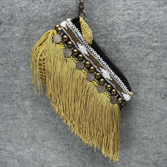 Elliot Mann NY Indie Clutch Wristlet Beaded Gold Fringe Coins Boho Handcrafted - Picture 4 of 10